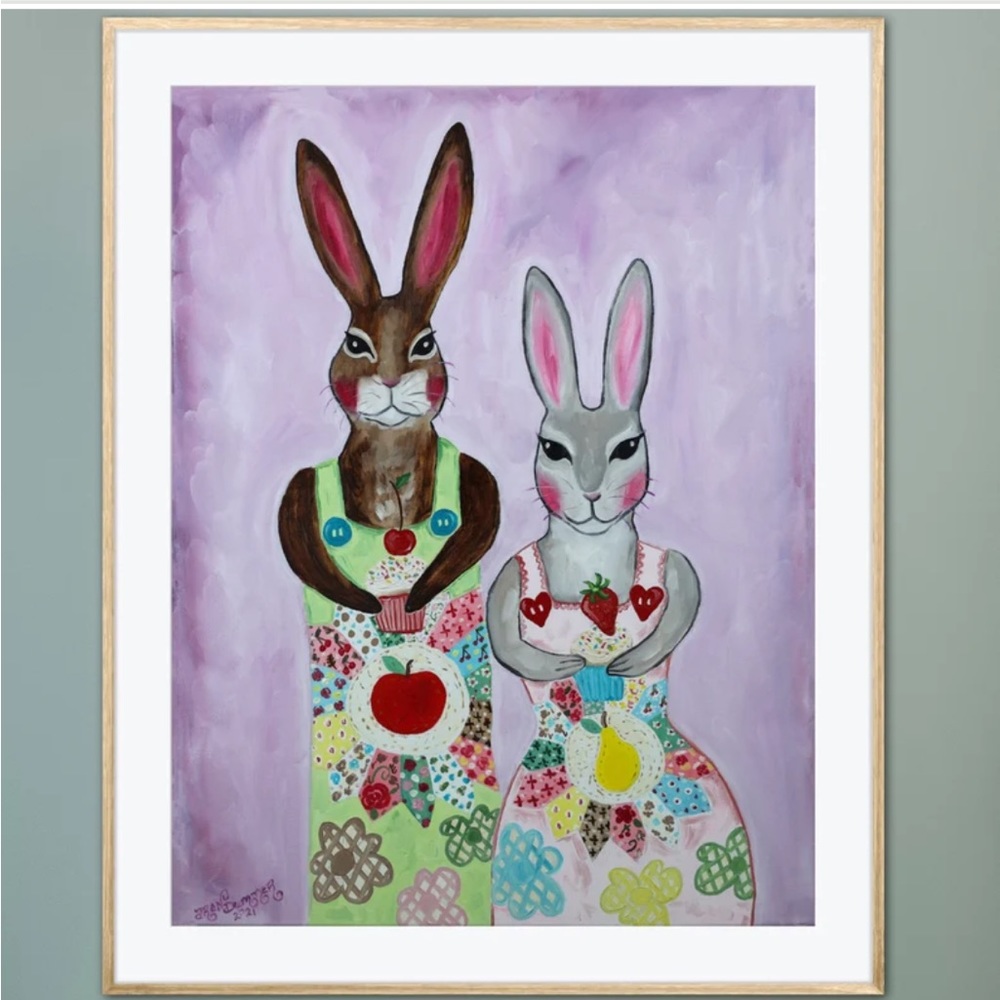 Baker Bunnies Art Print Oil Painting Fruit Cupcake Quilted Apron whimsical decor